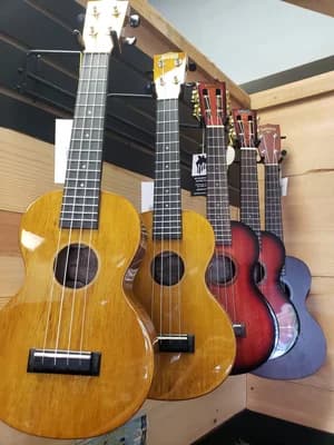 Ukuleles hanging in a row at Big Island Guitars in Hilo